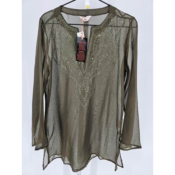 Atmosphere Beach Womens 12 Long Sleeve Swimsuit Coverup Olive Green Embroidered - Picture 1 of 6